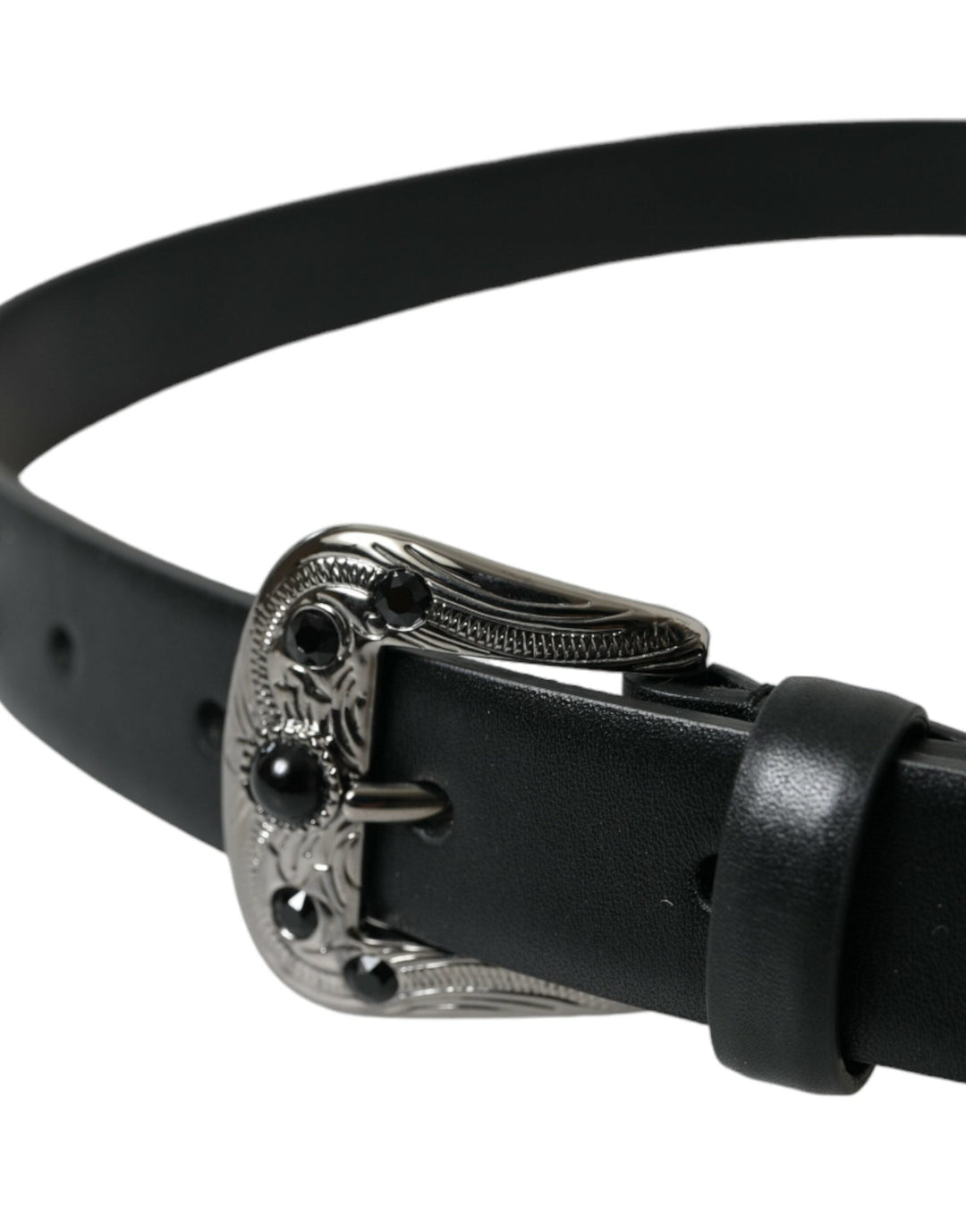 Women’s Dolce &amp; Gabbana Black Embellished Leather Engraved Buckle Belt