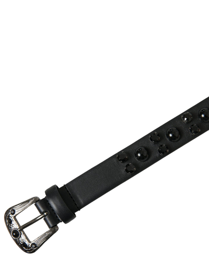 Women’s Dolce &amp; Gabbana Black Embellished Leather Engraved Buckle Belt