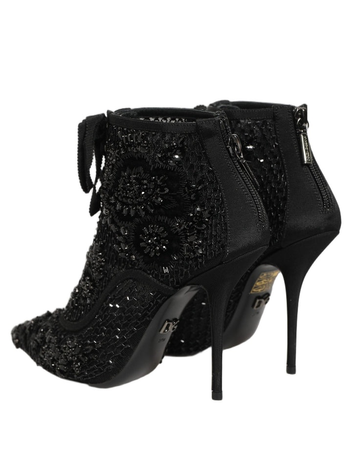 Women’s Dolce &amp; Gabbana Black Embellished Mesh Ankle Boots Shoes
