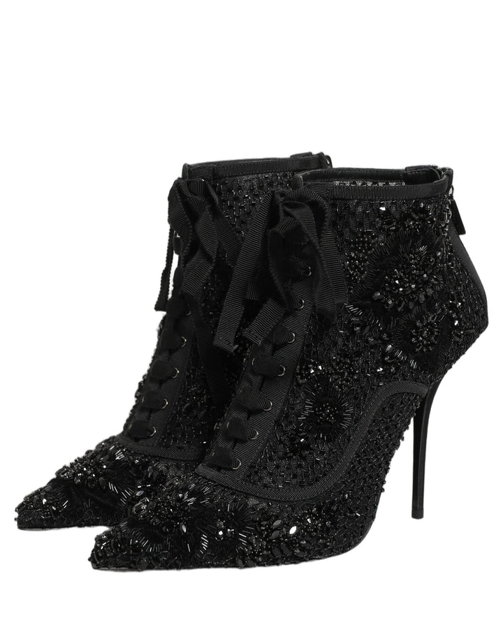 Women’s Dolce &amp; Gabbana Black Embellished Mesh Ankle Boots Shoes