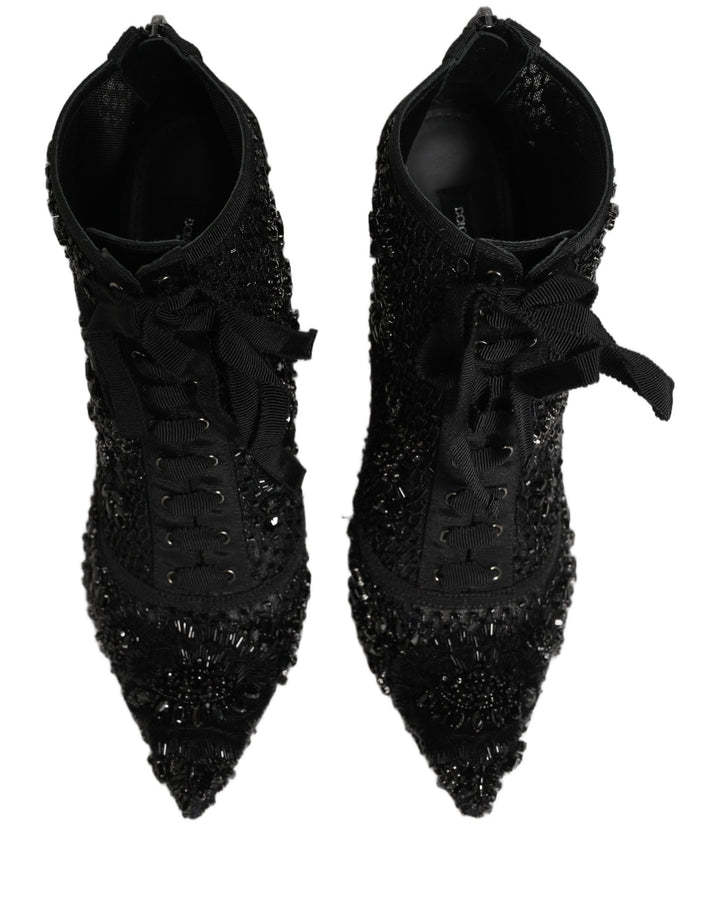 Women’s Dolce &amp; Gabbana Black Embellished Mesh Ankle Boots Shoes