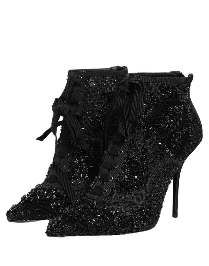 Women’s Dolce &amp; Gabbana Black Embellished Mesh Ankle Boots Shoes