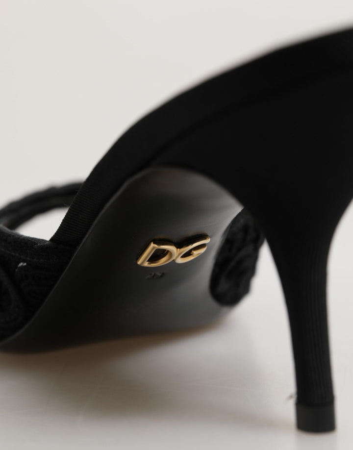 Women’s Dolce &amp; Gabbana Black Embroidered Slip on Heels Slides Shoes