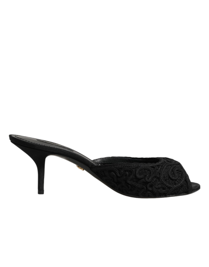 Women’s Dolce &amp; Gabbana Black Embroidered Slip on Heels Slides Shoes