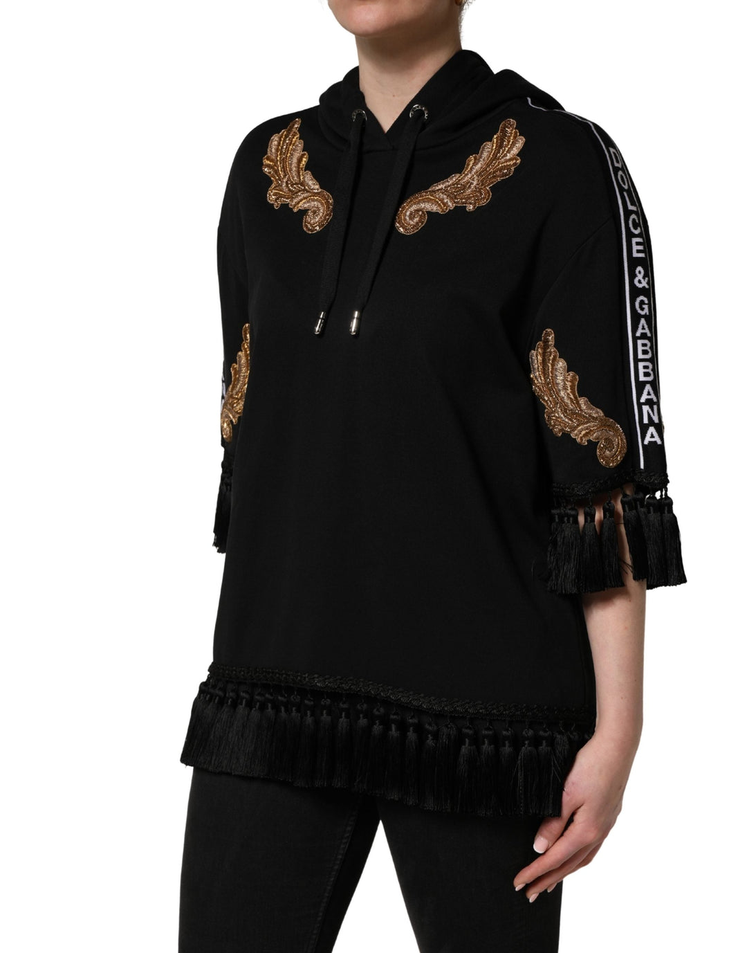 Women’s Dolce &amp; Gabbana Black Embroidered Tassel Hooded Sweatshirt Sweater
