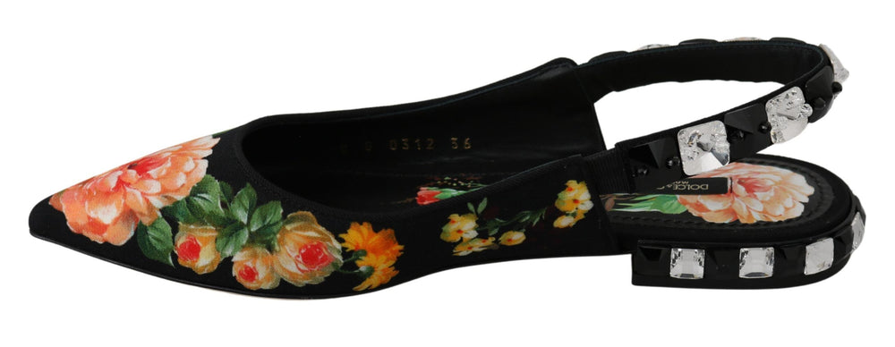Women’s Dolce & Gabbana Black Floral Crystal Slingbacks Flats Shoes
