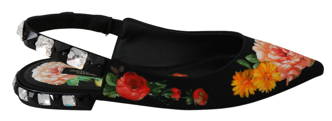 Women’s Dolce & Gabbana Black Floral Crystal Slingbacks Flats Shoes