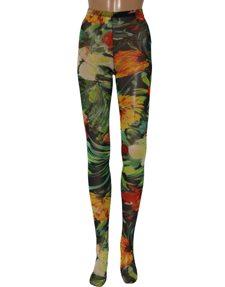 Women’s Dolce &amp; Gabbana Black Floral Print Tights Sheer Stockings Socks