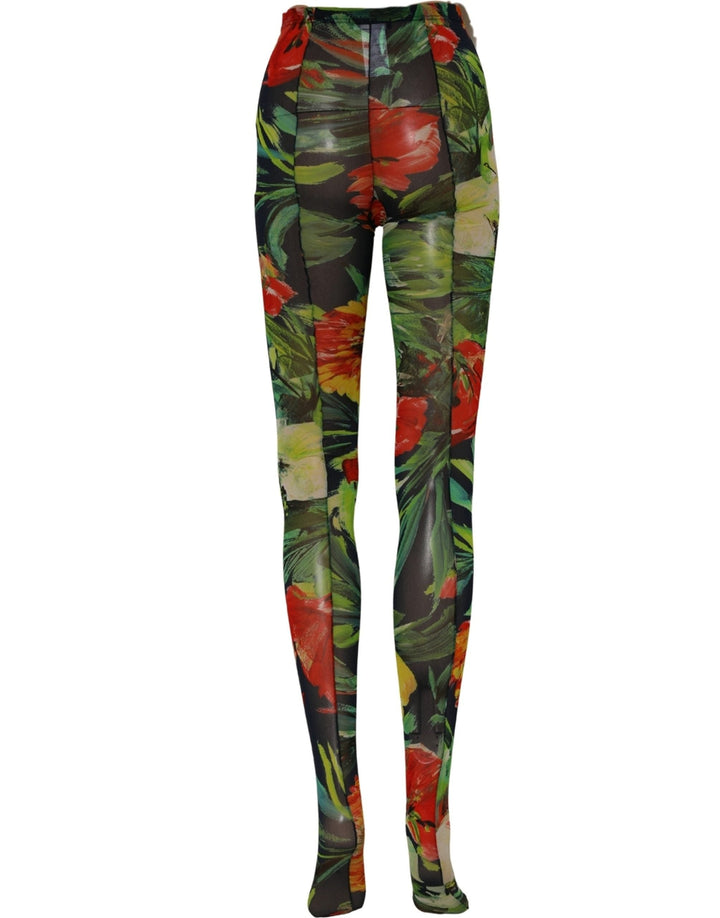 Women’s Dolce &amp; Gabbana Black Floral Print Tights Sheer Stockings Socks