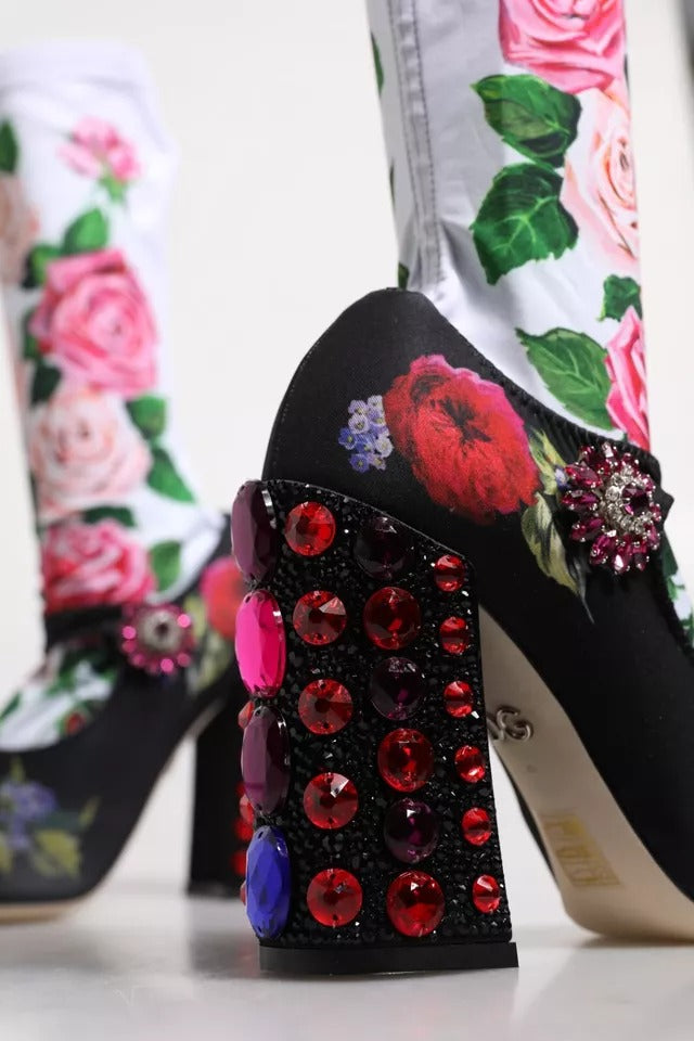 Women’s Dolce &amp; Gabbana Black Floral Socks Crystal Boots Jersey Shoes