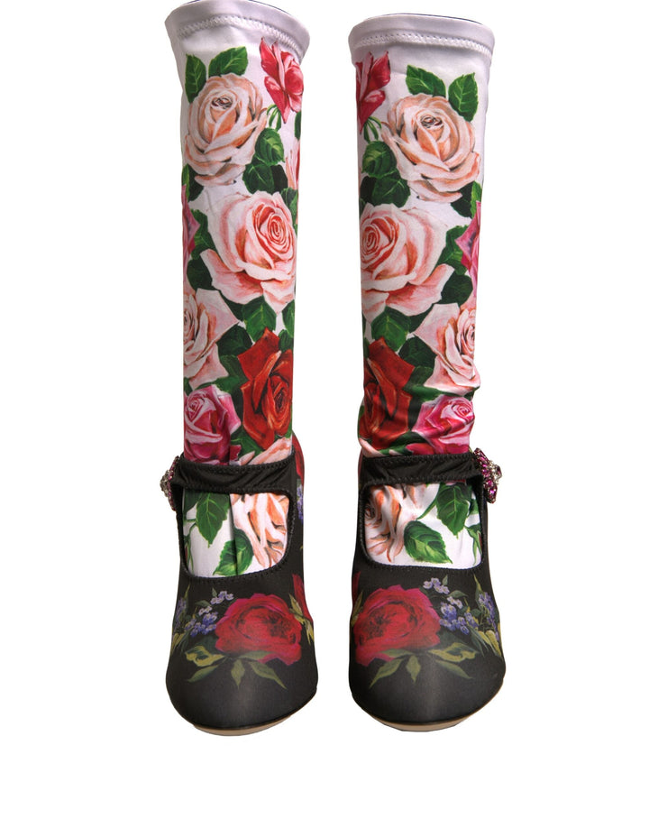 Women’s Dolce &amp; Gabbana Black Floral Socks Crystal Boots Jersey Shoes