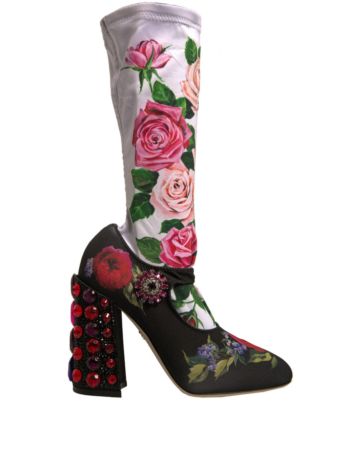 Women’s Dolce &amp; Gabbana Black Floral Socks Crystal Boots Jersey Shoes