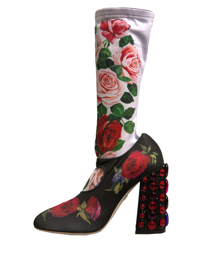 Women’s Dolce &amp; Gabbana Black Floral Socks Crystal Boots Jersey Shoes