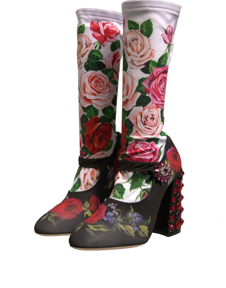 Women’s Dolce &amp; Gabbana Black Floral Socks Crystal Boots Jersey Shoes