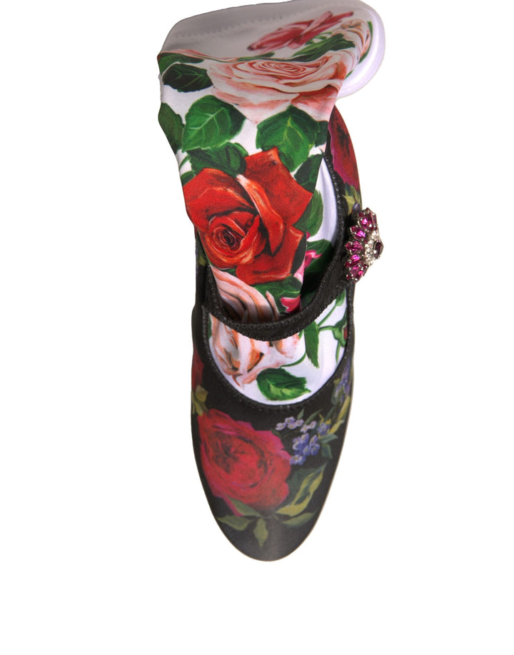 Women’s Dolce &amp; Gabbana Black Floral Socks Crystal Boots Jersey Shoes