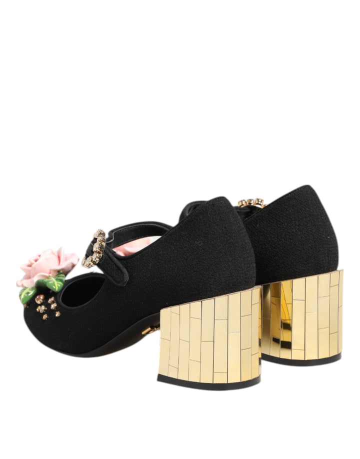Women’s Dolce &amp; Gabbana Black Flower Crystal Embellished Mary Jane Shoes