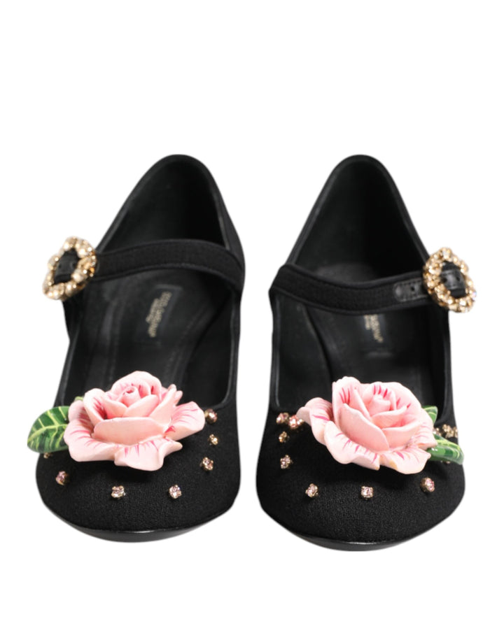 Women’s Dolce &amp; Gabbana Black Flower Crystal Embellished Mary Jane Shoes