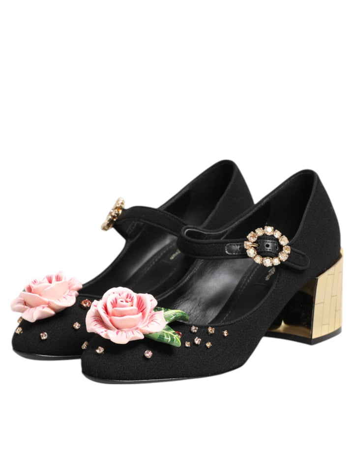 Women’s Dolce &amp; Gabbana Black Flower Crystal Embellished Mary Jane Shoes