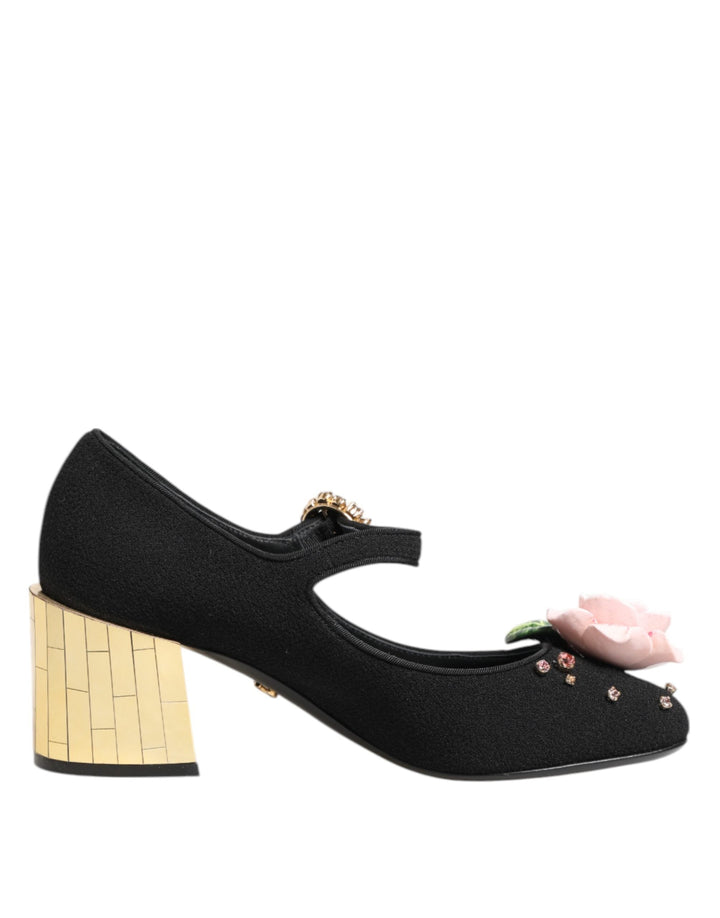 Women’s Dolce &amp; Gabbana Black Flower Crystal Embellished Mary Jane Shoes