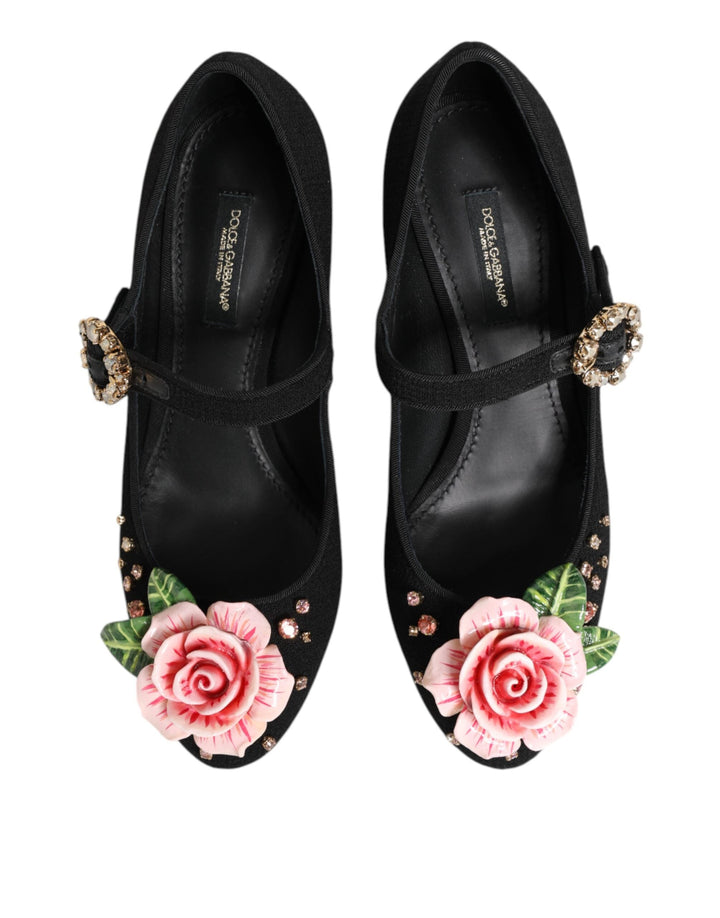 Women’s Dolce &amp; Gabbana Black Flower Crystal Embellished Mary Jane Shoes
