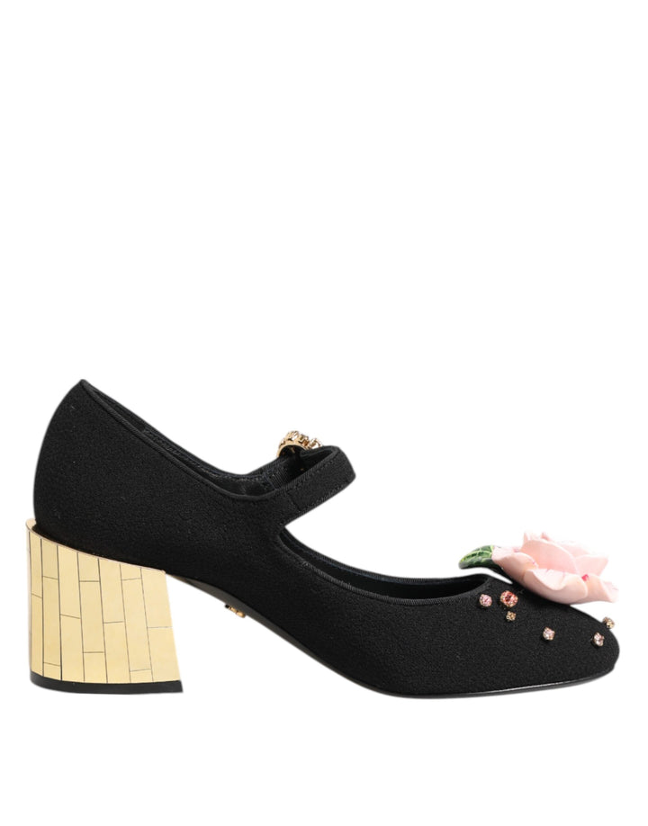 Women’s Dolce &amp; Gabbana Black Flower Crystal Embellished Mary Jane Shoes