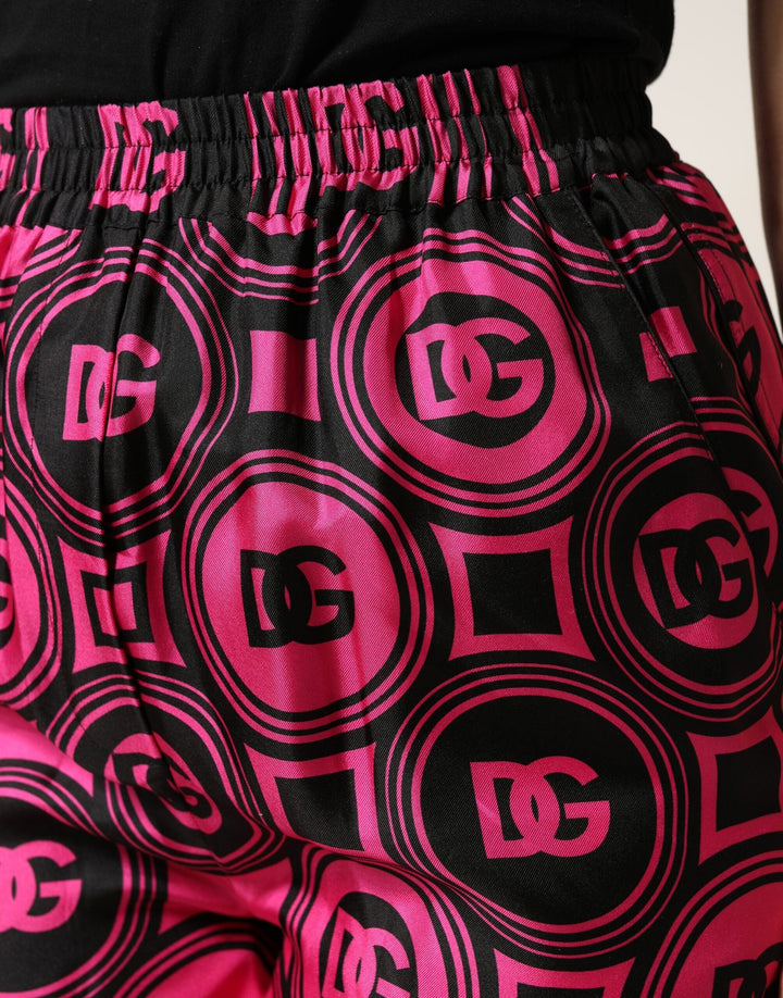 Women’s Dolce &amp; Gabbana Black Fuchsia Silk Logo Elastic Waist Shorts
