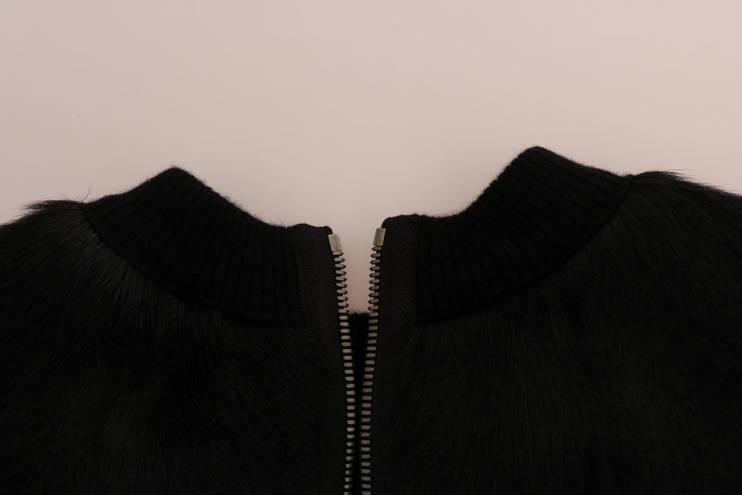 Women’s Dolce &amp; Gabbana Black Fur Floral Brocade Zipper Sweater