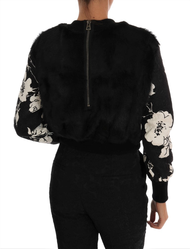 Women’s Dolce &amp; Gabbana Black Fur Floral Brocade Zipper Sweater