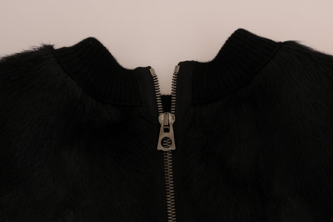 Women’s Dolce &amp; Gabbana Black Fur Floral Brocade Zipper Sweater