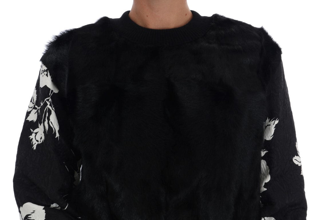 Women’s Dolce &amp; Gabbana Black Fur Floral Brocade Zipper Sweater