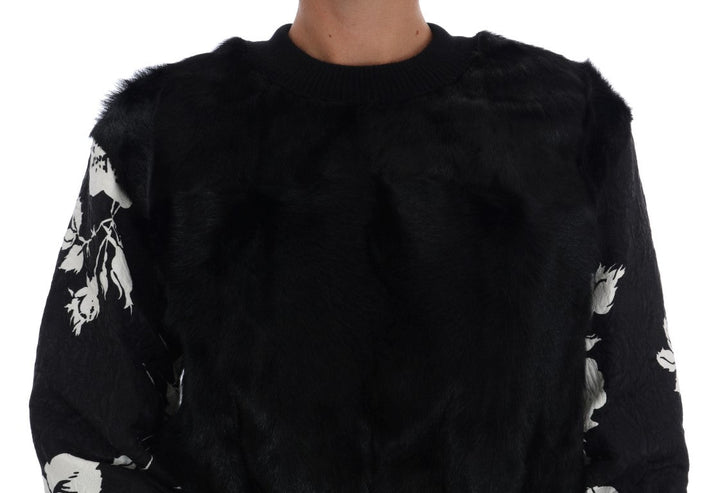Women’s Dolce &amp; Gabbana Black Fur Floral Brocade Zipper Sweater