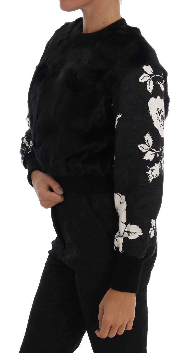 Women’s Dolce &amp; Gabbana Black Fur Floral Brocade Zipper Sweater