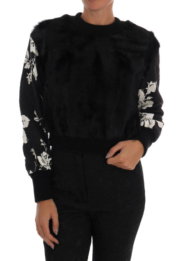 Women’s Dolce & Gabbana Black Fur Floral Brocade Zipper Sweater
