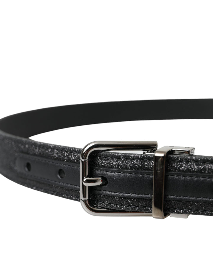 Women’s Dolce &amp; Gabbana Black Glittered Leather Silver Buckle Belt