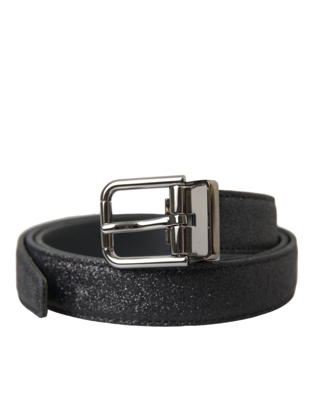 Women’s Dolce &amp; Gabbana Black Glittered Leather Silver Buckle Belt