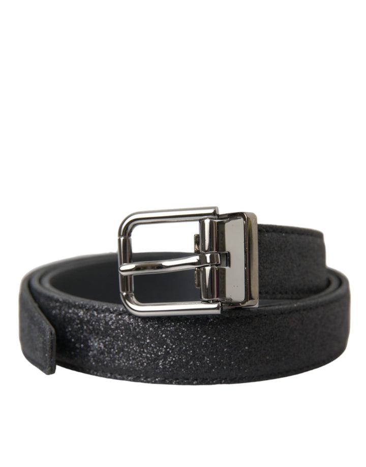 Women’s Dolce &amp; Gabbana Black Glittered Leather Silver Buckle Belt