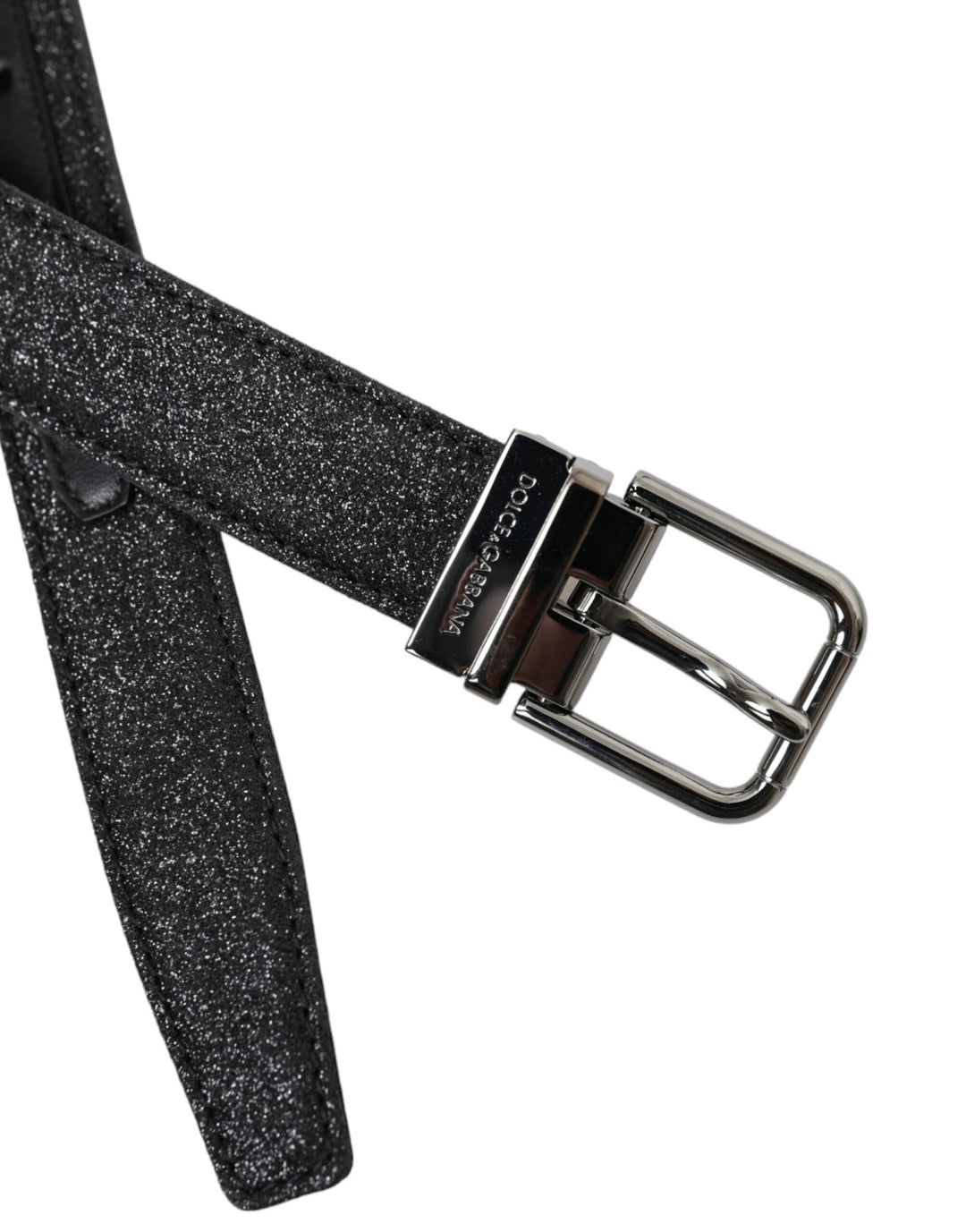 Women’s Dolce &amp; Gabbana Black Glittered Leather Silver Buckle Belt