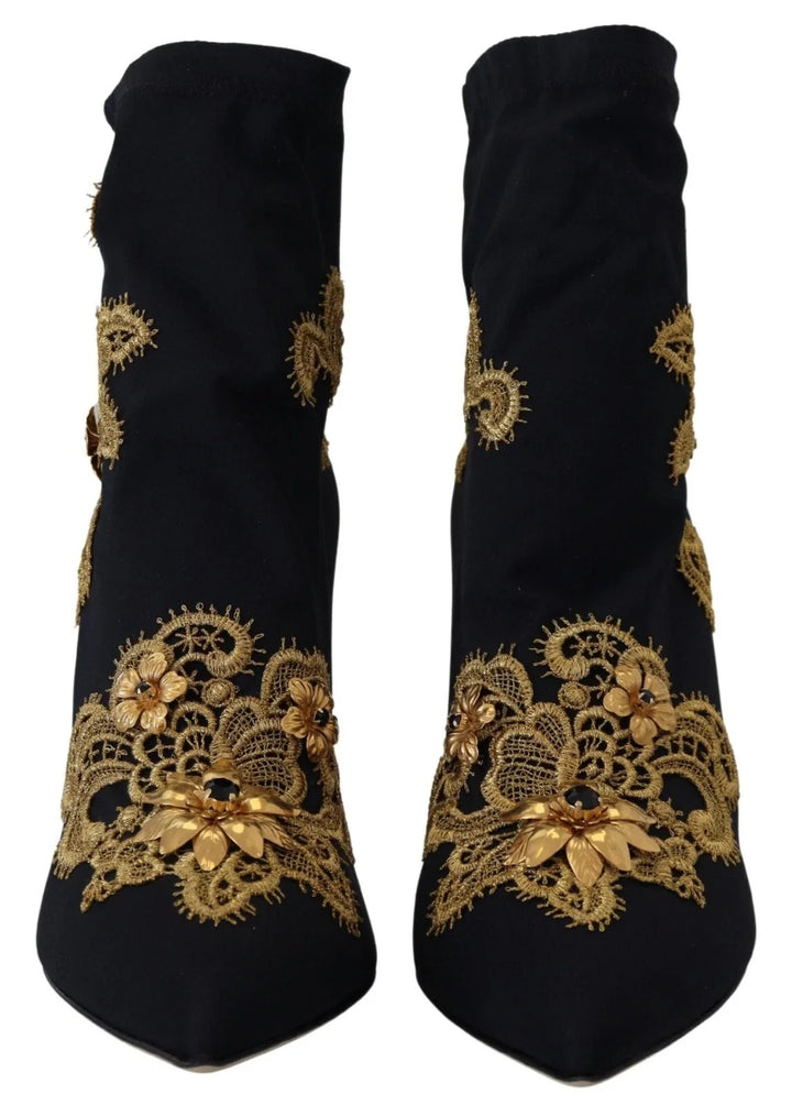 Women’s Dolce &amp; Gabbana Black Gold Embroidery Crystal Boots Shoes