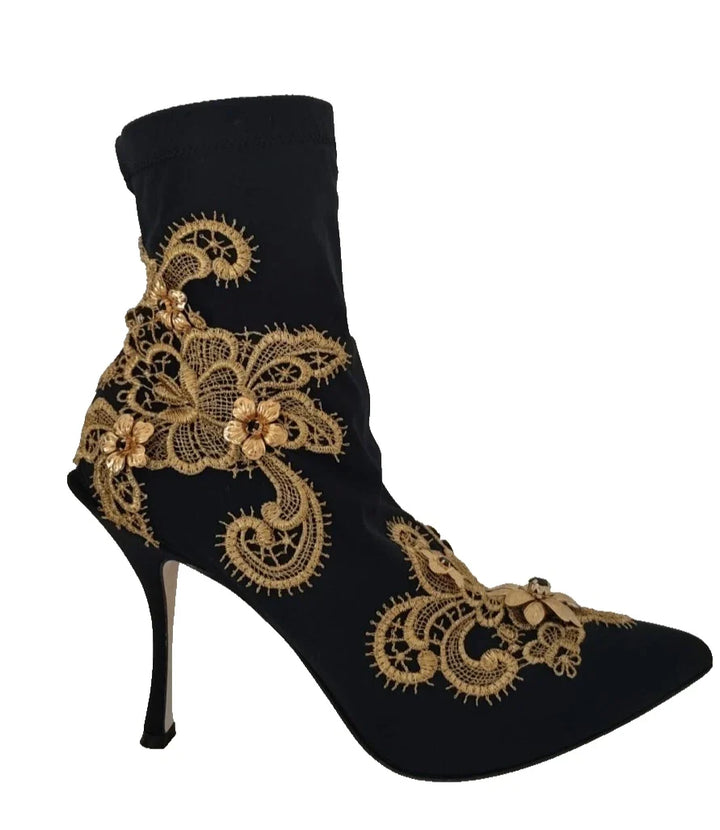 Women’s Dolce &amp; Gabbana Black Gold Embroidery Crystal Boots Shoes