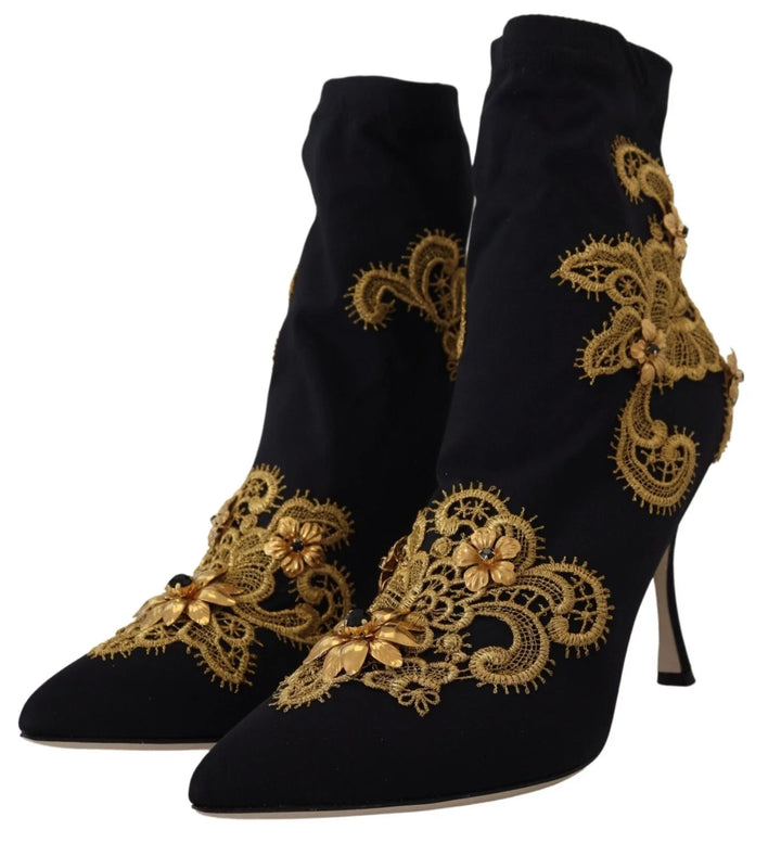Women’s Dolce &amp; Gabbana Black Gold Embroidery Crystal Boots Shoes