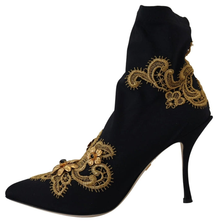 Women’s Dolce &amp; Gabbana Black Gold Embroidery Crystal Boots Shoes
