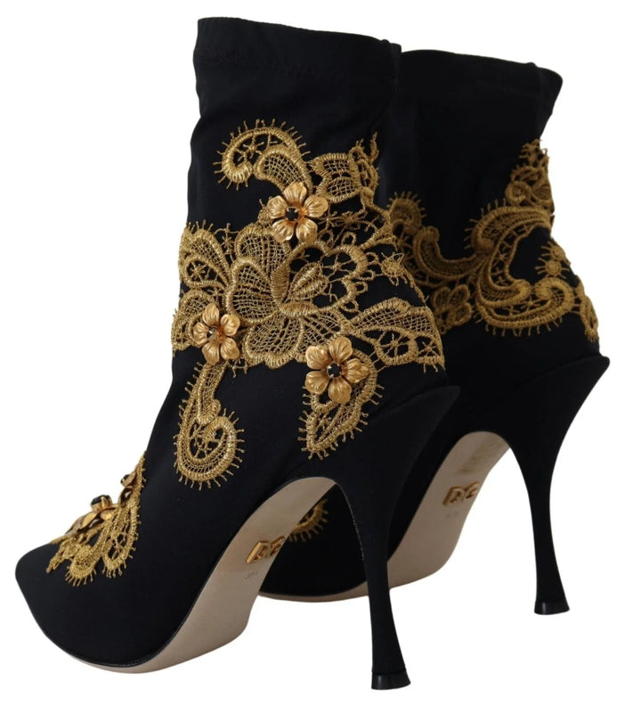 Women’s Dolce &amp; Gabbana Black Gold Embroidery Crystal Boots Shoes