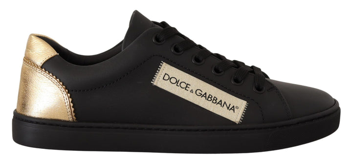 Dolce &amp; Gabbana Black Gold Leather Low Top Sneakers Womens Shoes