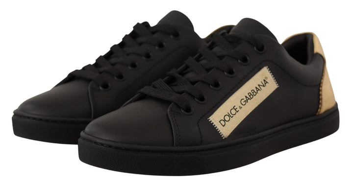 Dolce &amp; Gabbana Black Gold Leather Low Top Sneakers Womens Shoes