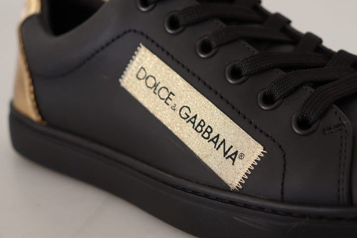 Dolce &amp; Gabbana Black Gold Leather Low Top Sneakers Womens Shoes