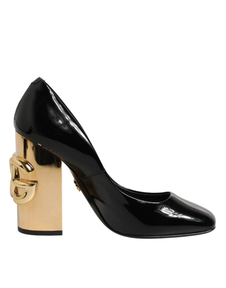 Women’s Dolce &amp; Gabbana Black Gold Patent Leather Logo Heels Pumps Shoes