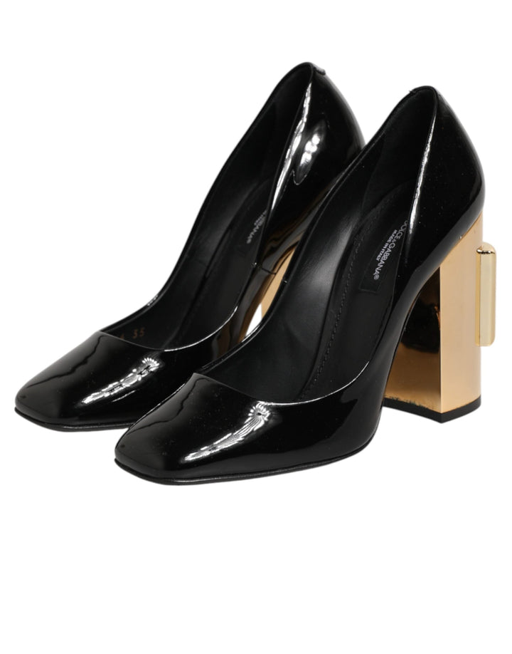 Women’s Dolce &amp; Gabbana Black Gold Patent Leather Logo Heels Pumps Shoes