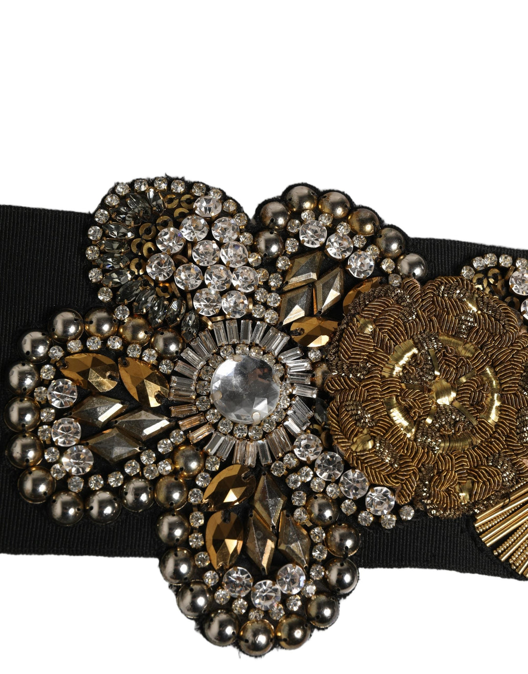 Women’s Dolce &amp; Gabbana Black Gold Tone Crystal Brass Flower Brooches Belt