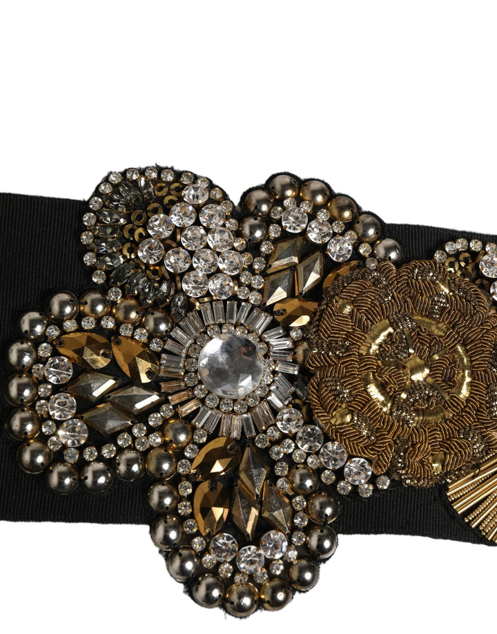 Women’s Dolce &amp; Gabbana Black Gold Tone Crystal Brass Flower Brooches Belt