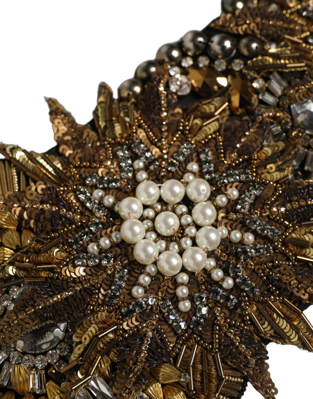 Women’s Dolce &amp; Gabbana Black Gold Tone Crystal Brass Flower Brooches Belt